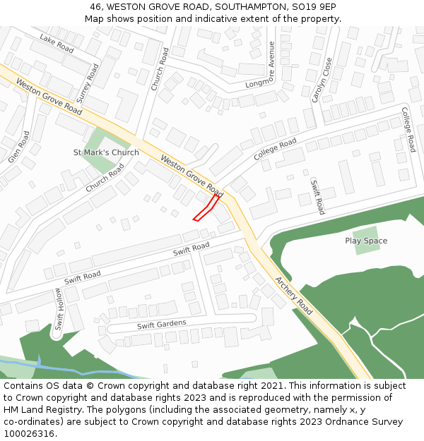 46, WESTON GROVE ROAD, SOUTHAMPTON, SO19 9EP: Location map and indicative extent of plot
