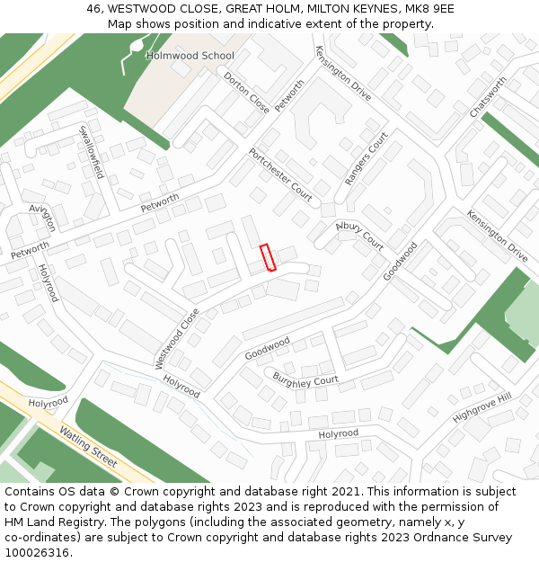 46, WESTWOOD CLOSE, GREAT HOLM, MILTON KEYNES, MK8 9EE: Location map and indicative extent of plot