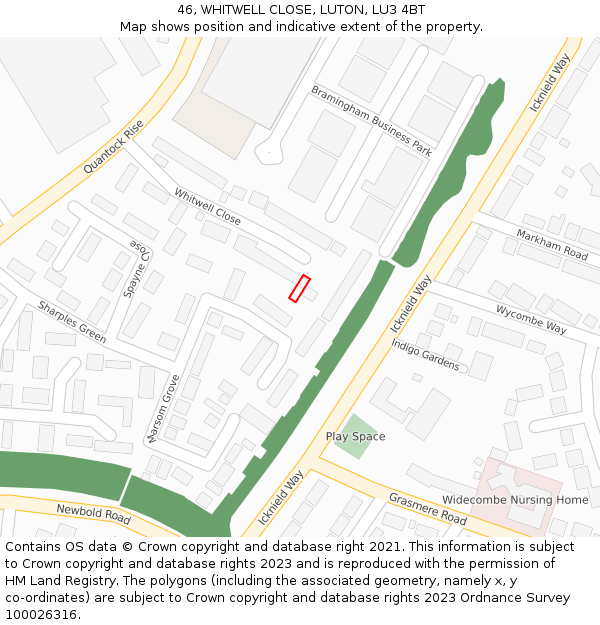 46, WHITWELL CLOSE, LUTON, LU3 4BT: Location map and indicative extent of plot