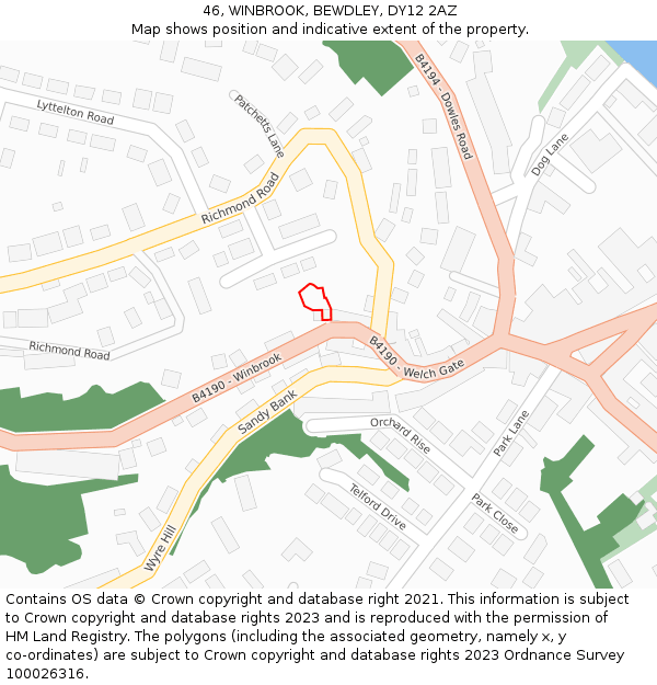46, WINBROOK, BEWDLEY, DY12 2AZ: Location map and indicative extent of plot