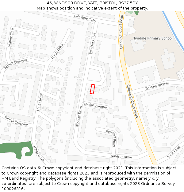 46, WINDSOR DRIVE, YATE, BRISTOL, BS37 5DY: Location map and indicative extent of plot