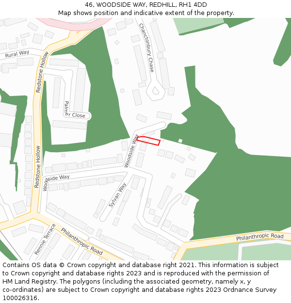 46, WOODSIDE WAY, REDHILL, RH1 4DD: Location map and indicative extent of plot
