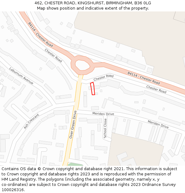 462, CHESTER ROAD, KINGSHURST, BIRMINGHAM, B36 0LG: Location map and indicative extent of plot