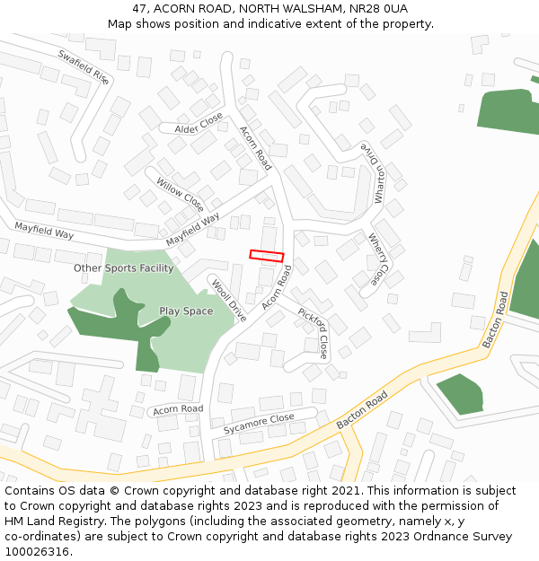 47, ACORN ROAD, NORTH WALSHAM, NR28 0UA: Location map and indicative extent of plot