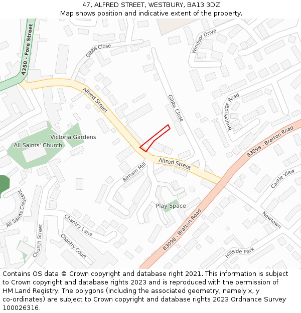 47, ALFRED STREET, WESTBURY, BA13 3DZ: Location map and indicative extent of plot