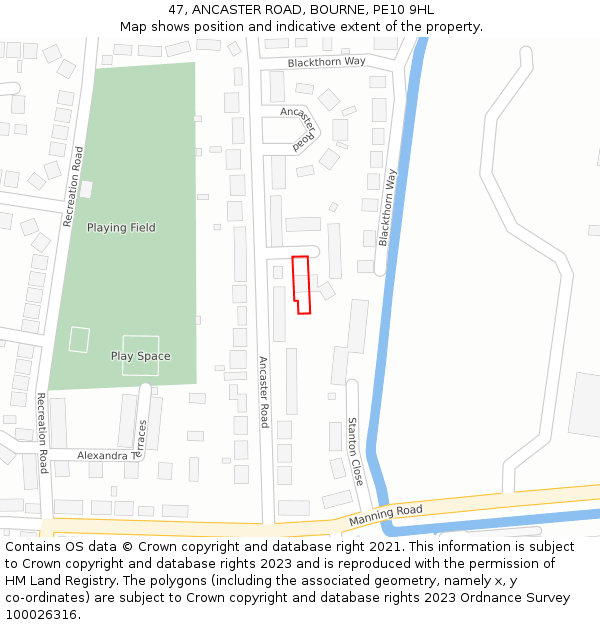 47, ANCASTER ROAD, BOURNE, PE10 9HL: Location map and indicative extent of plot