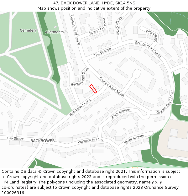 47, BACK BOWER LANE, HYDE, SK14 5NS: Location map and indicative extent of plot