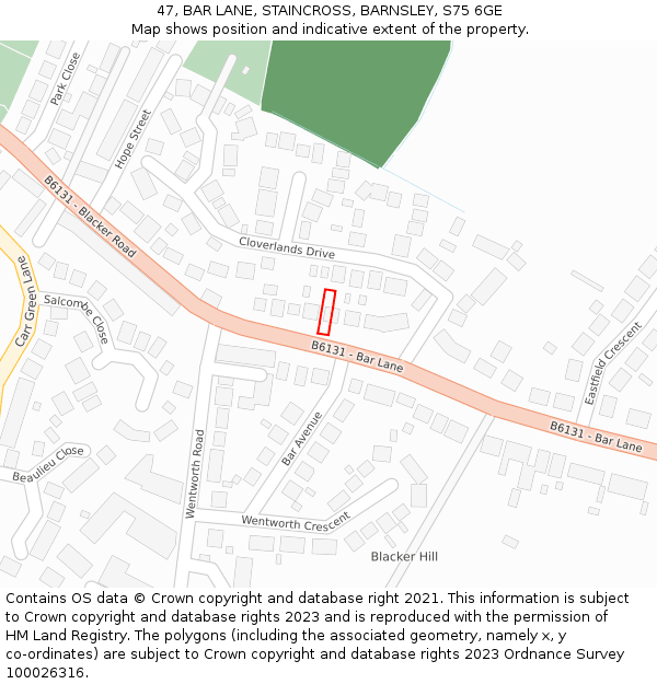 47, BAR LANE, STAINCROSS, BARNSLEY, S75 6GE: Location map and indicative extent of plot