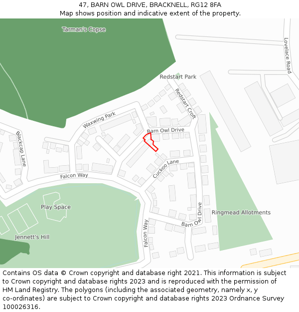47, BARN OWL DRIVE, BRACKNELL, RG12 8FA: Location map and indicative extent of plot