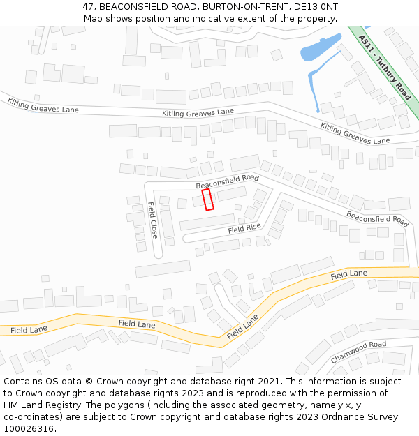 47, BEACONSFIELD ROAD, BURTON-ON-TRENT, DE13 0NT: Location map and indicative extent of plot