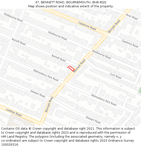 47, BENNETT ROAD, BOURNEMOUTH, BH8 8QQ: Location map and indicative extent of plot