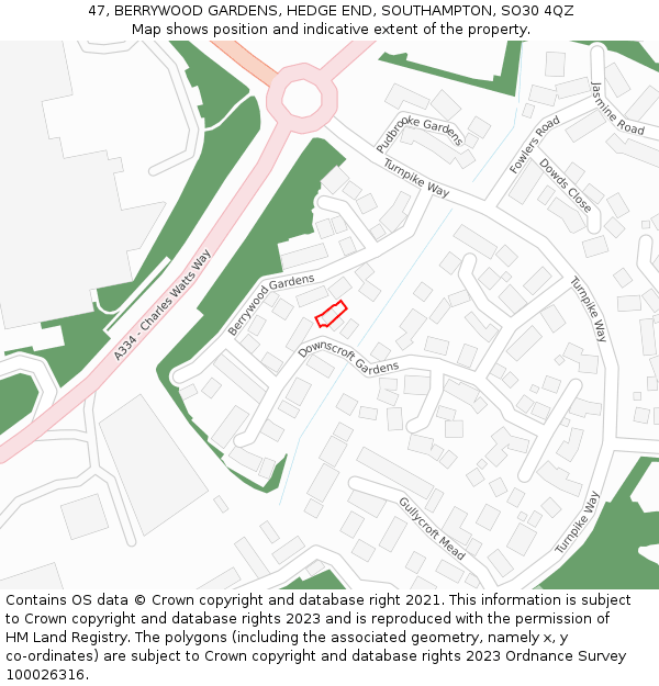 47, BERRYWOOD GARDENS, HEDGE END, SOUTHAMPTON, SO30 4QZ: Location map and indicative extent of plot
