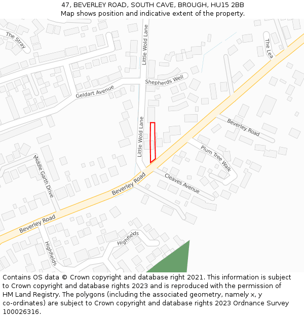 47, BEVERLEY ROAD, SOUTH CAVE, BROUGH, HU15 2BB: Location map and indicative extent of plot