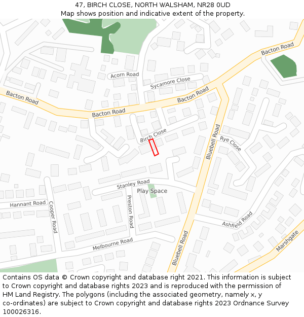47, BIRCH CLOSE, NORTH WALSHAM, NR28 0UD: Location map and indicative extent of plot