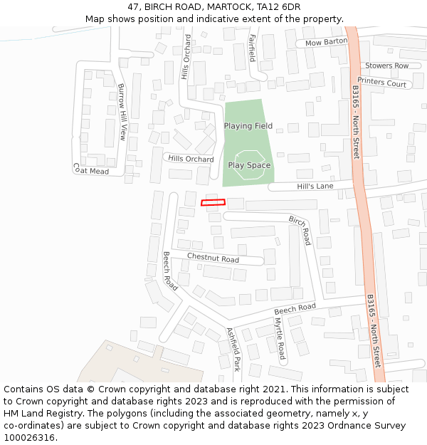47, BIRCH ROAD, MARTOCK, TA12 6DR: Location map and indicative extent of plot