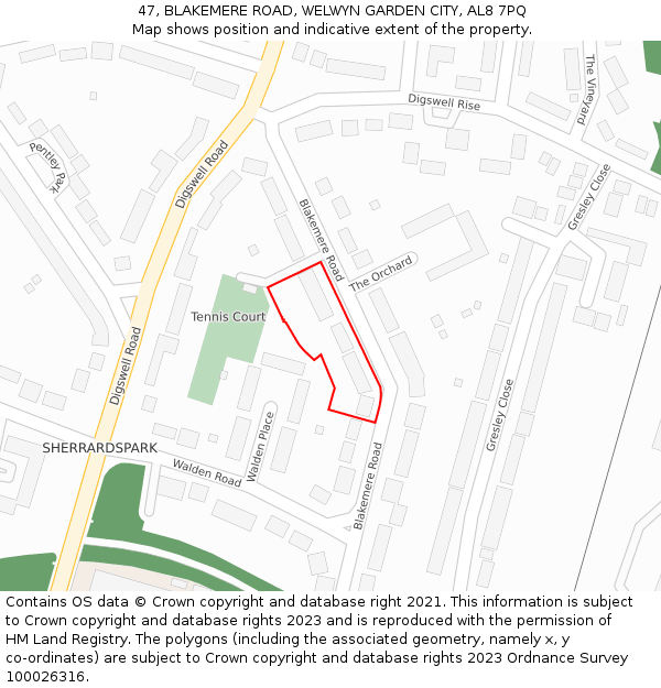 47, BLAKEMERE ROAD, WELWYN GARDEN CITY, AL8 7PQ: Location map and indicative extent of plot