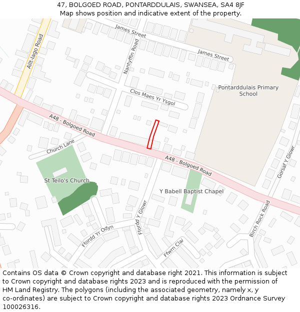 47, BOLGOED ROAD, PONTARDDULAIS, SWANSEA, SA4 8JF: Location map and indicative extent of plot