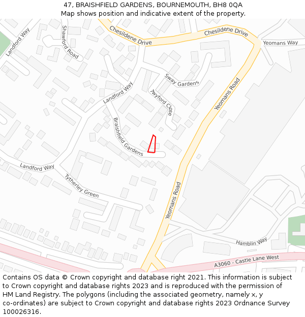 47, BRAISHFIELD GARDENS, BOURNEMOUTH, BH8 0QA: Location map and indicative extent of plot
