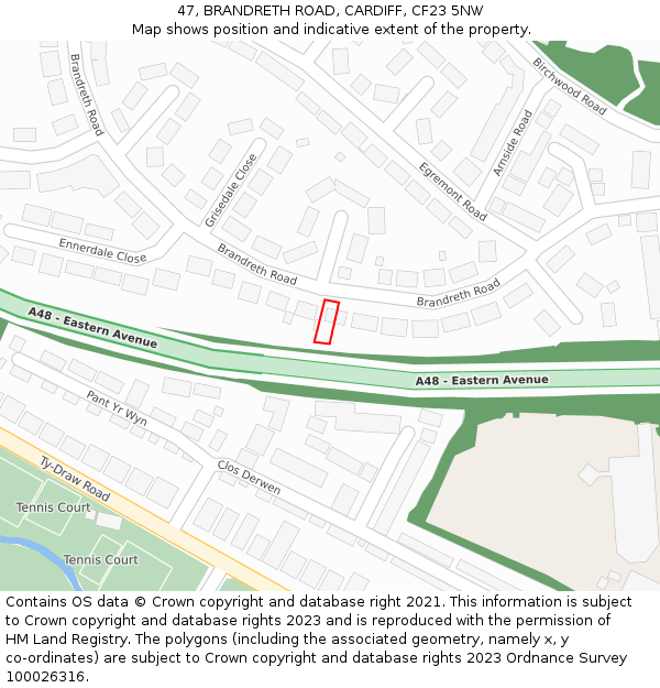47, BRANDRETH ROAD, CARDIFF, CF23 5NW: Location map and indicative extent of plot