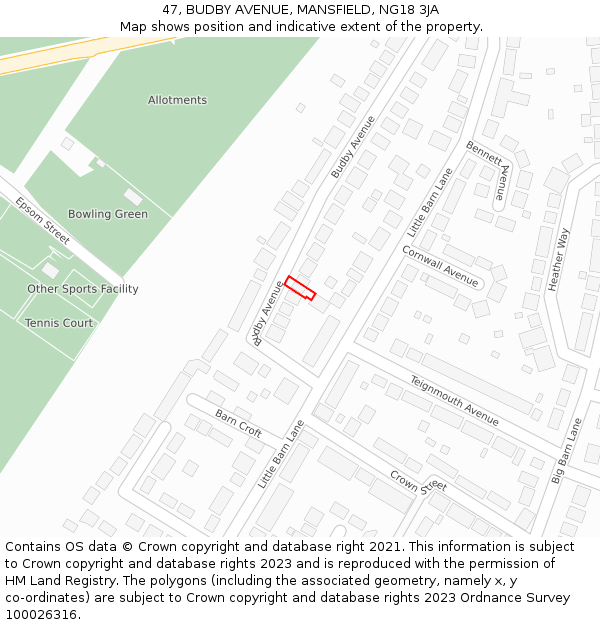 47, BUDBY AVENUE, MANSFIELD, NG18 3JA: Location map and indicative extent of plot