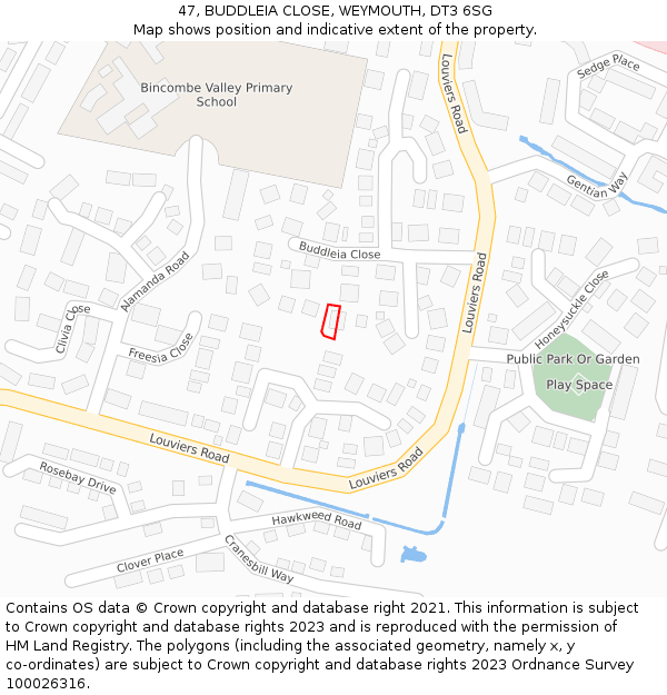 47, BUDDLEIA CLOSE, WEYMOUTH, DT3 6SG: Location map and indicative extent of plot