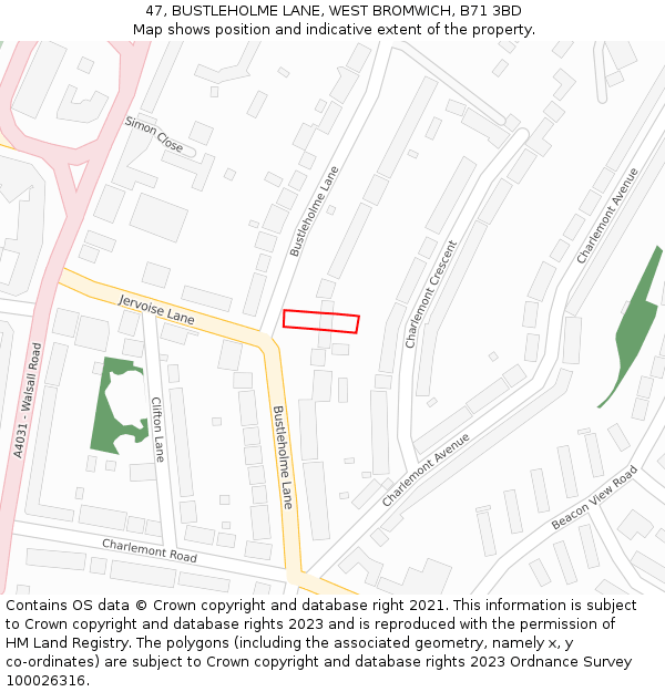 47, BUSTLEHOLME LANE, WEST BROMWICH, B71 3BD: Location map and indicative extent of plot