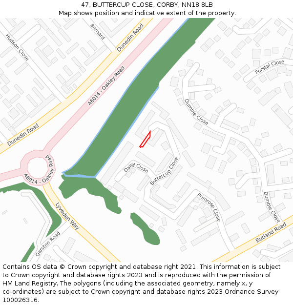 47, BUTTERCUP CLOSE, CORBY, NN18 8LB: Location map and indicative extent of plot