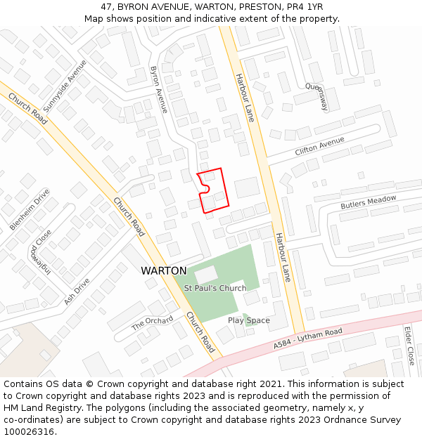 47, BYRON AVENUE, WARTON, PRESTON, PR4 1YR: Location map and indicative extent of plot