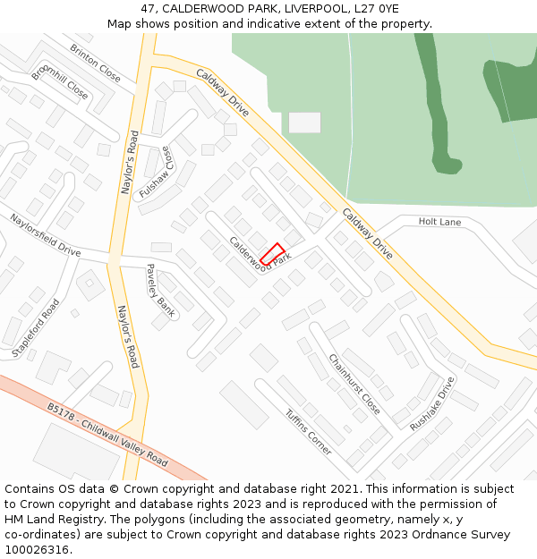 47, CALDERWOOD PARK, LIVERPOOL, L27 0YE: Location map and indicative extent of plot