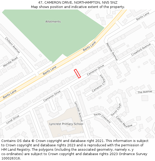 47, CAMERON DRIVE, NORTHAMPTON, NN5 5NZ: Location map and indicative extent of plot