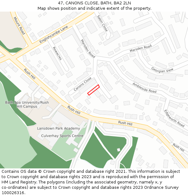 47, CANONS CLOSE, BATH, BA2 2LN: Location map and indicative extent of plot