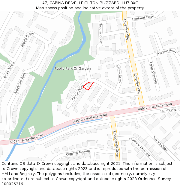 47, CARINA DRIVE, LEIGHTON BUZZARD, LU7 3XG: Location map and indicative extent of plot