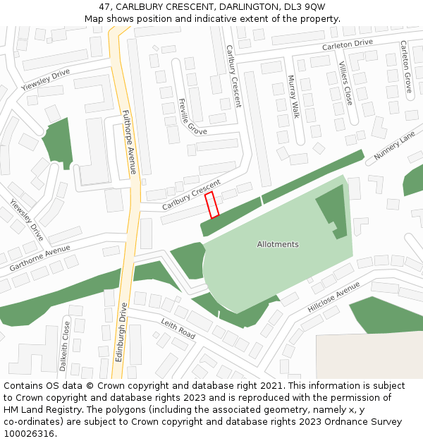 47, CARLBURY CRESCENT, DARLINGTON, DL3 9QW: Location map and indicative extent of plot