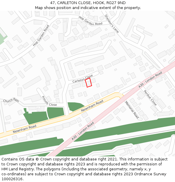 47, CARLETON CLOSE, HOOK, RG27 9ND: Location map and indicative extent of plot