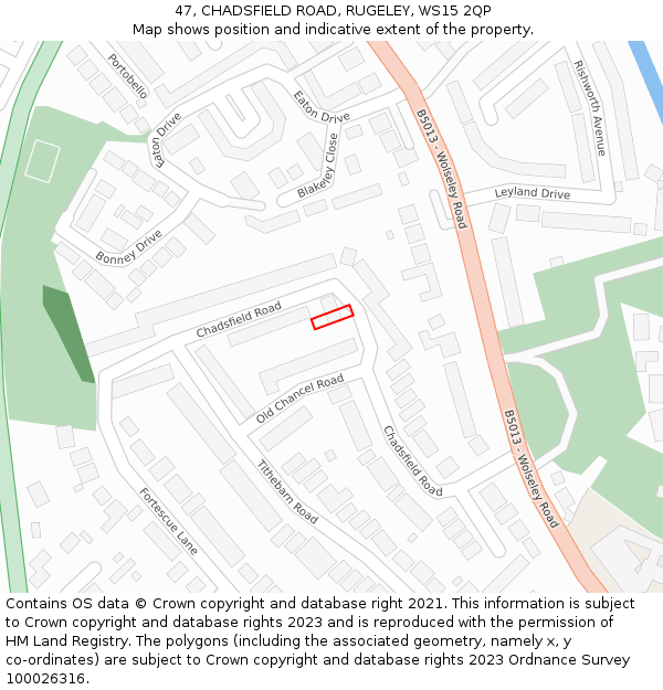 47, CHADSFIELD ROAD, RUGELEY, WS15 2QP: Location map and indicative extent of plot