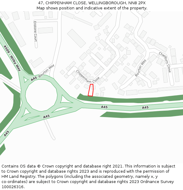 47, CHIPPENHAM CLOSE, WELLINGBOROUGH, NN8 2PX: Location map and indicative extent of plot
