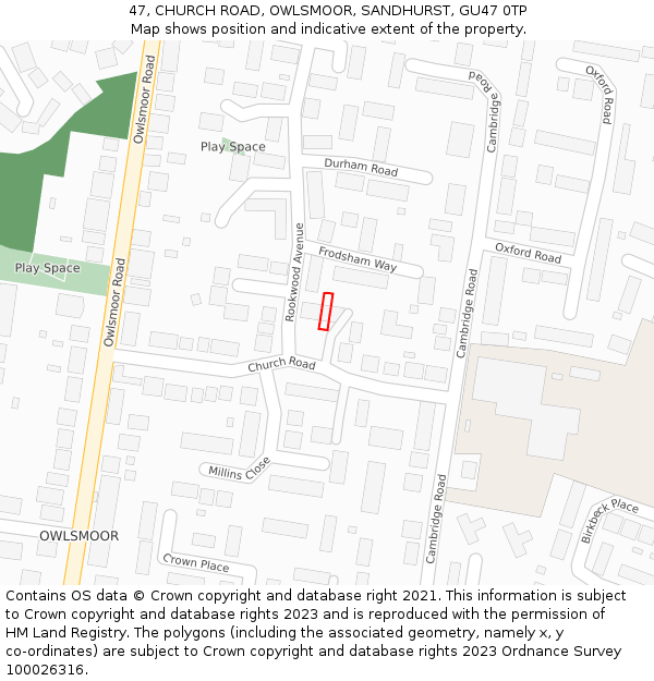 47, CHURCH ROAD, OWLSMOOR, SANDHURST, GU47 0TP: Location map and indicative extent of plot