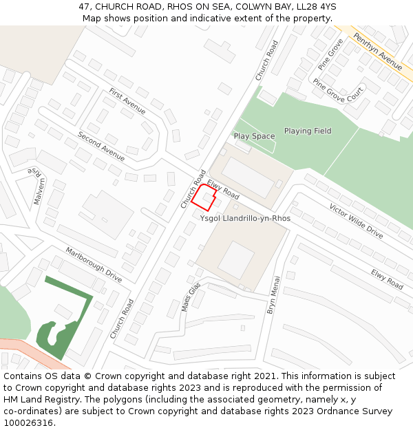 47, CHURCH ROAD, RHOS ON SEA, COLWYN BAY, LL28 4YS: Location map and indicative extent of plot