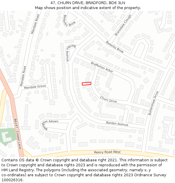 47, CHURN DRIVE, BRADFORD, BD6 3LN: Location map and indicative extent of plot
