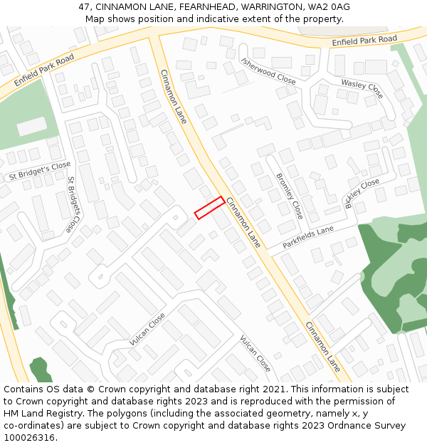 47, CINNAMON LANE, FEARNHEAD, WARRINGTON, WA2 0AG: Location map and indicative extent of plot