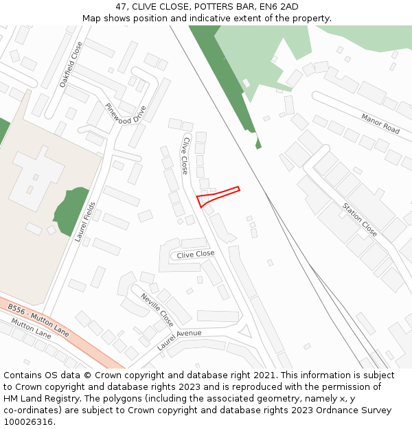 47, CLIVE CLOSE, POTTERS BAR, EN6 2AD: Location map and indicative extent of plot
