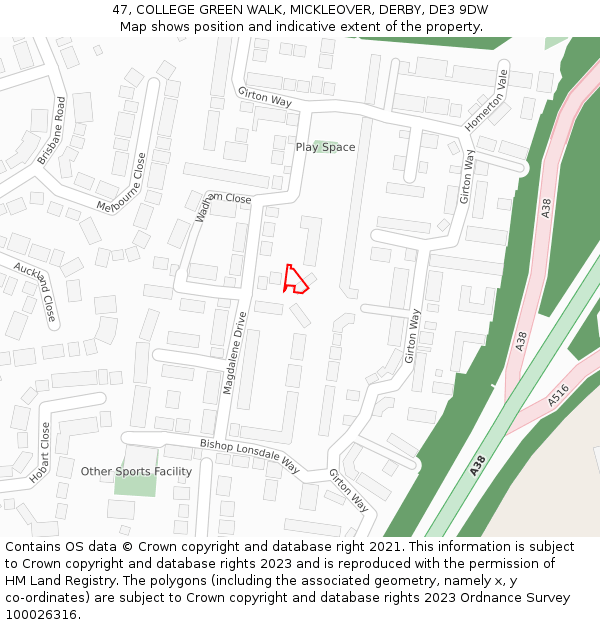 47, COLLEGE GREEN WALK, MICKLEOVER, DERBY, DE3 9DW: Location map and indicative extent of plot