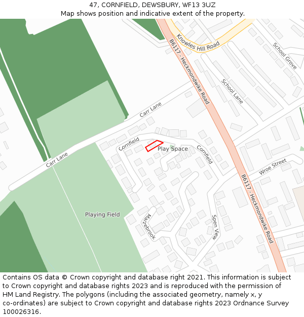 47, CORNFIELD, DEWSBURY, WF13 3UZ: Location map and indicative extent of plot