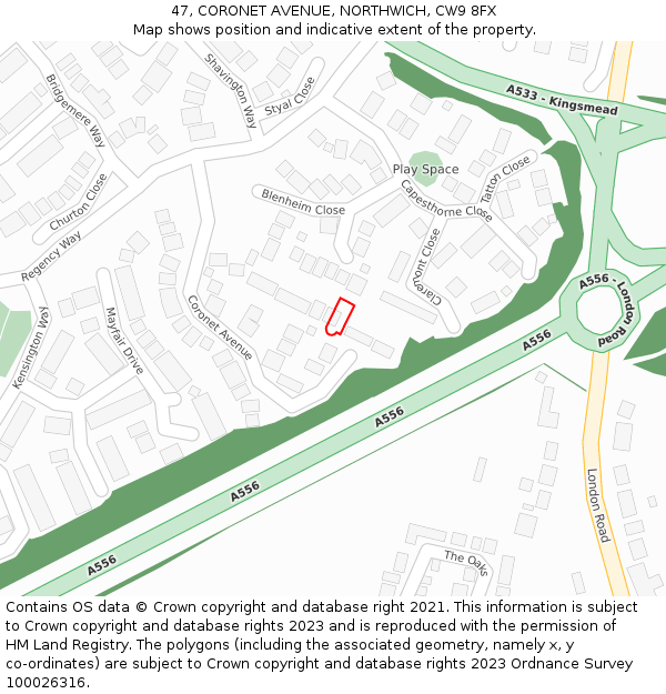 47, CORONET AVENUE, NORTHWICH, CW9 8FX: Location map and indicative extent of plot