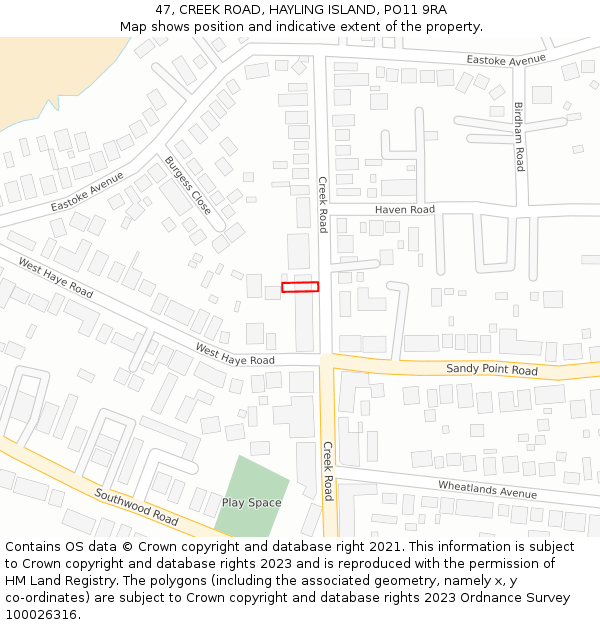 47, CREEK ROAD, HAYLING ISLAND, PO11 9RA: Location map and indicative extent of plot
