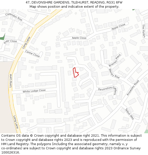 47, DEVONSHIRE GARDENS, TILEHURST, READING, RG31 6FW: Location map and indicative extent of plot