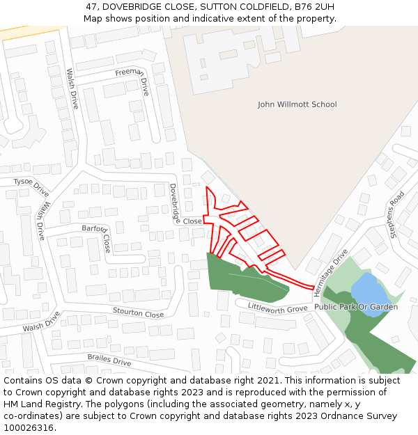 47, DOVEBRIDGE CLOSE, SUTTON COLDFIELD, B76 2UH: Location map and indicative extent of plot