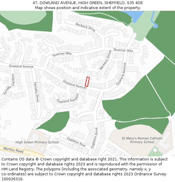 47, DOWLAND AVENUE, HIGH GREEN, SHEFFIELD, S35 4DE: Location map and indicative extent of plot