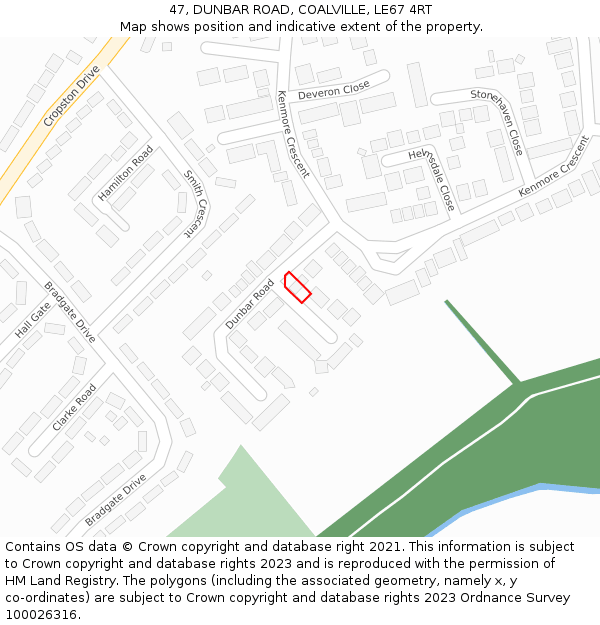 47, DUNBAR ROAD, COALVILLE, LE67 4RT: Location map and indicative extent of plot