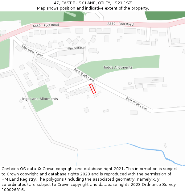 47, EAST BUSK LANE, OTLEY, LS21 1SZ: Location map and indicative extent of plot